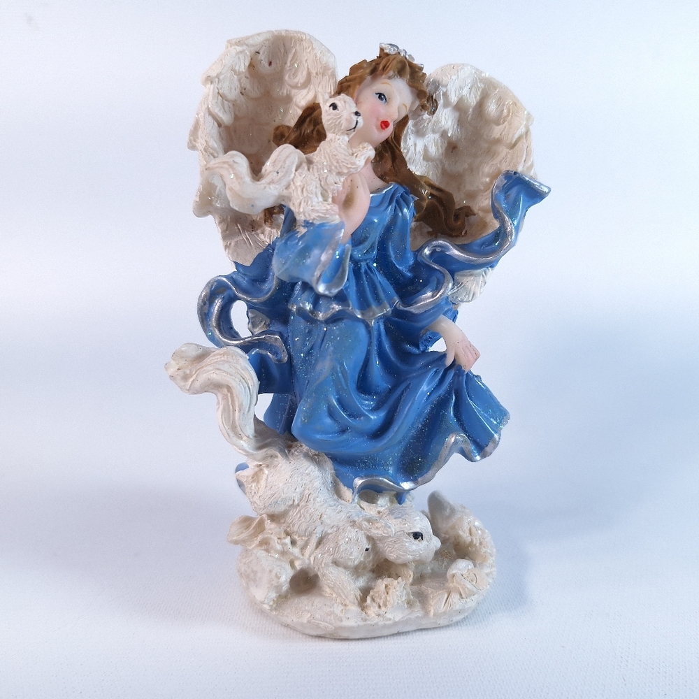 Blue Glitter Angel Figurine With Squirrels Heavenly Collectible Decor